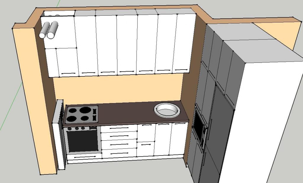 A terv alapján a felsőszekrény eltakarná a csöveket (Kincsem bútor terve)